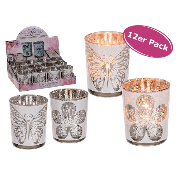 Teelichtglas mit Blume & Schmetterling 12er Set Votivglas -  Windlicht, Teelichthalter