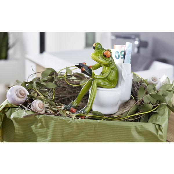 Dekofigur Frosch auf Toilette mit Handy 11x13 cm - Deko für