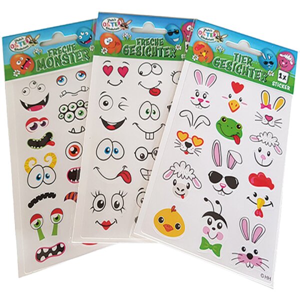 Eier Tattoos / Eier Aufkleber 3er Set - Freche Gesichter, Tiergesichter, Freche Monster - 3 Bögen Eier Sticker - Osterei, Eierfärben, Osterdeko, Eierfarbe, Eier färben, Ostern