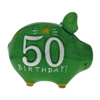 KCG Sparschwein Happy Birthday 50 aus Keramik - Spardose Geburtstag, Jubiläum, Sparbüchse, Geldbüchse