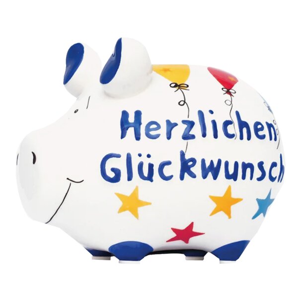 KCG Sparschwein Herzlichen Glückwunsch aus Keramik - Spardose Geburtstag, Jubiläum, Sparbüchse, Geldbüchse, Prüfung, Führerschein