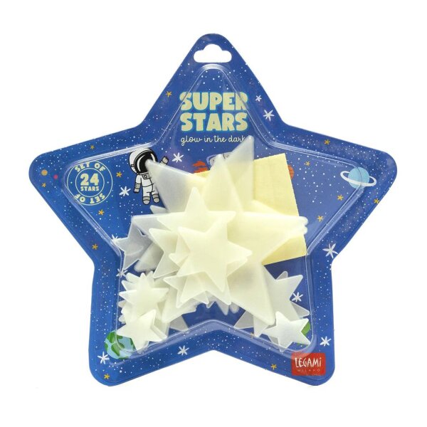 Legami Selbstklebende Leuchtsterne (24 Stück) - Super Stars - fluoreszierende nachtleuchtende Sterne, Aufkleber, Leuchtsticker, Sternenhimmel, Stern